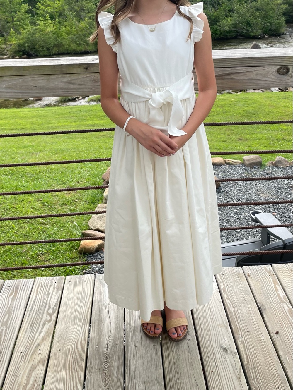 Crewcuts Off White Ruffle-Sleeve Tie-Waist Girls Flower Girl Dress